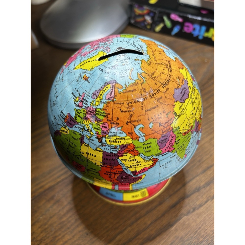 Vintage Ohio Art Co. Tin Litho "World Bank" Globe Piggy Bank